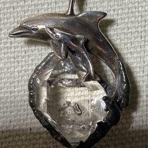 Playful Dolphins - Silver Pendant with Crystal Accent